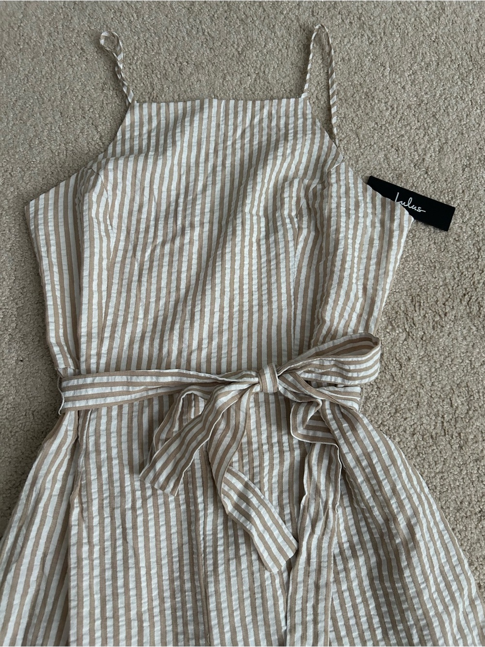 Striped Beige and White Wide-Leg Jumpsuit with Tie Waist - Picture 3 of 6
